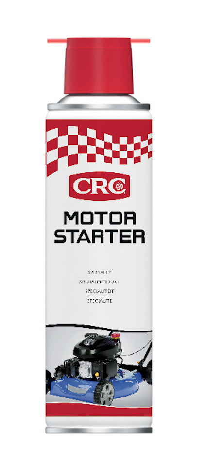 Aerosolburk med rött lock och etikett med texten "CRC Motor Starter" samt bild av en gräsklippare.