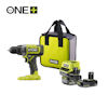 Ryobi ONE+ 18V borrmaskin med batterier och laddare samt en grön och svart väska.
