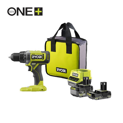Ryobi ONE+ 18V borrmaskin med batterier och laddare samt en grön och svart väska.