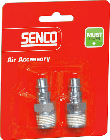 Förpackning med två metallnipplar på röd bakgrund med texten "Senco" och "Air Accessory".