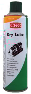 Sprayburk med grön och orange etikett, märkt med "CRC Dry Lube". Innehåller text på flera språk.