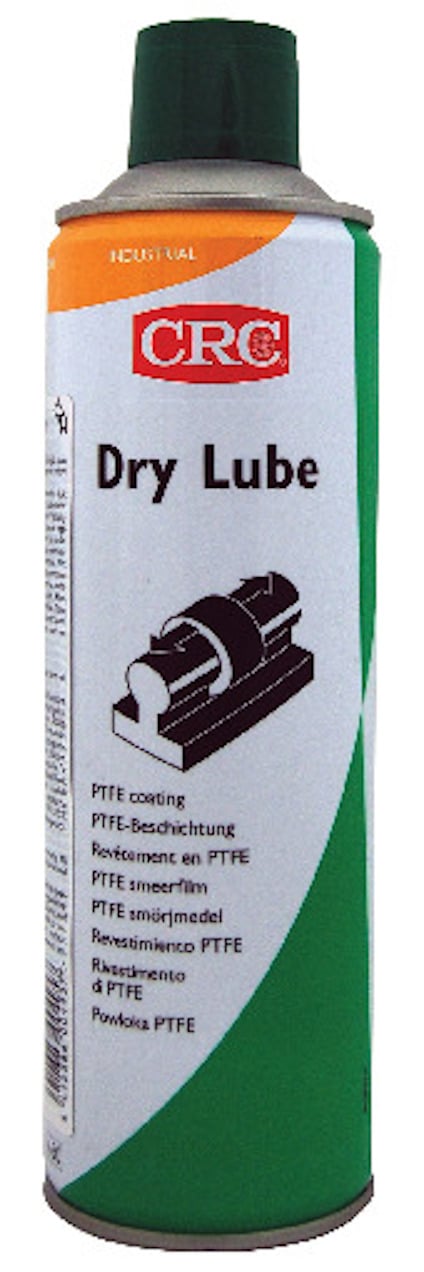 Sprayburk med grön och orange etikett, märkt med "CRC Dry Lube". Innehåller text på flera språk.