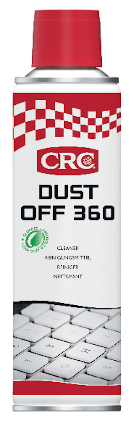 Sprayburk med röd kork och texten "CRC Dust Off 360" mot en grå bakgrund med tangentbordsmotiv.