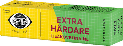 Förpackning med texten "Plastic Padding Extra Härdare" i en grön och gul design.