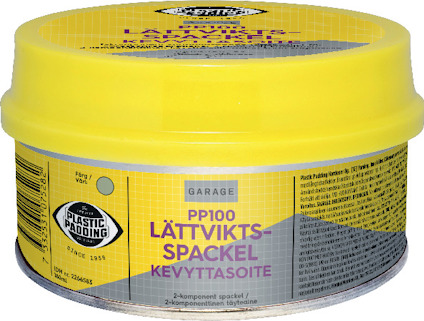 Gul plastburk med texten "LÄTTVIKTSSPACKEL" och "PLASTIC PADDING" på etiketten.