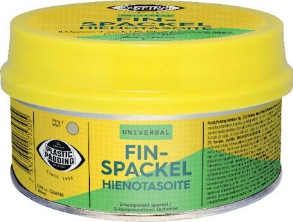 Gul burk med etiketttext "FIN-SPACKEL HIENOTASOITE" och "UNIVERSAL".