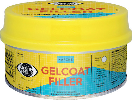 Rund plastburk med gul lock och etikett för "Gelcoat Filler" från Plastic Padding.