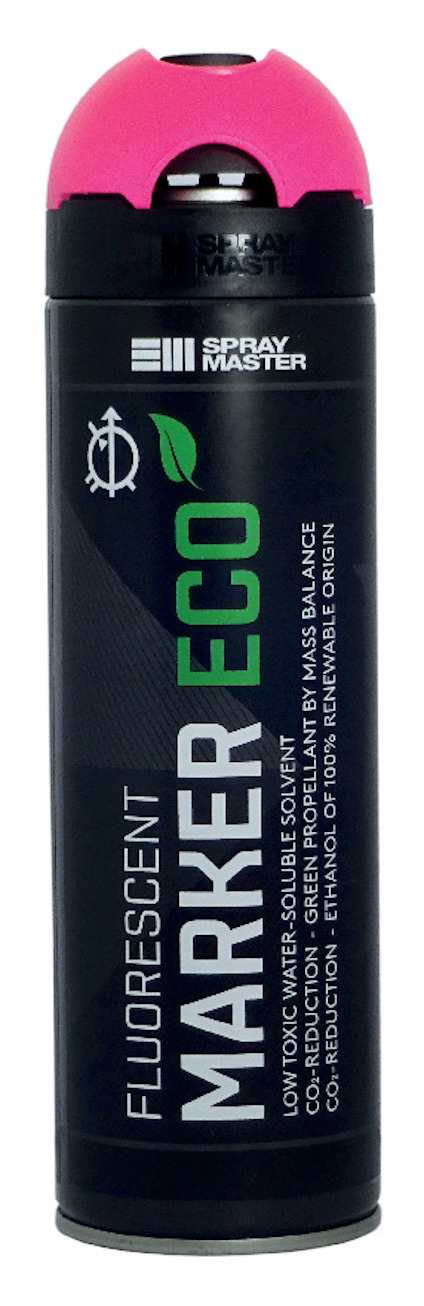 Svart sprayburk med en rosa topp och texten "Fluorescent Marker Eco" i grönt och vitt.