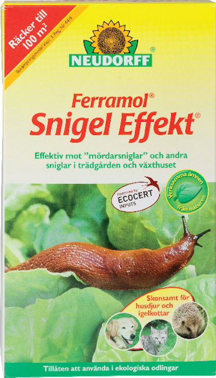 Förpackning av Neudorff Ferramol Snigel Effekt med bild av en snigel och text om produkten på framsidan.
