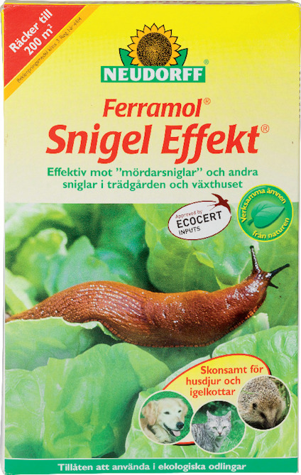 Förpackning av Neudorff Ferramol Snigel Effekt med bild på snigel och text om produktanvändning.