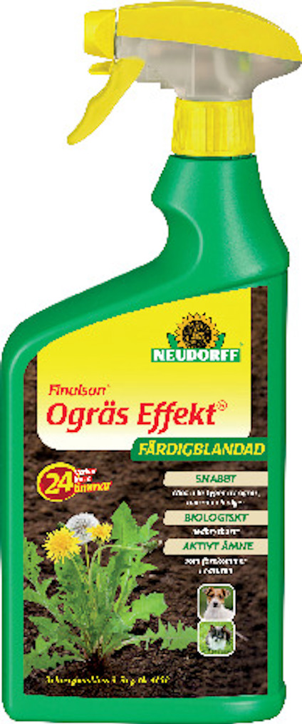 Sprayflaska med etiketttext: "Finalsan Ogräs Effekt Färdigblandad". Bild på en maskros och Neudorff-logotypen.