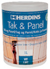 Förpackning Herdins Tak & Panel Vit 1L med bild på träpanel och pensel. Etikett på flera språk.