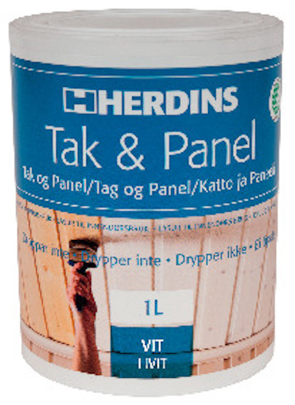 Förpackning Herdins Tak & Panel Vit 1L med bild på träpanel och pensel. Etikett på flera språk.