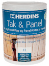 Förpackning av Herdins Tak & Panel vitt målarfärg, 1 liter, med blå etikett och bild av en applicerad yta.