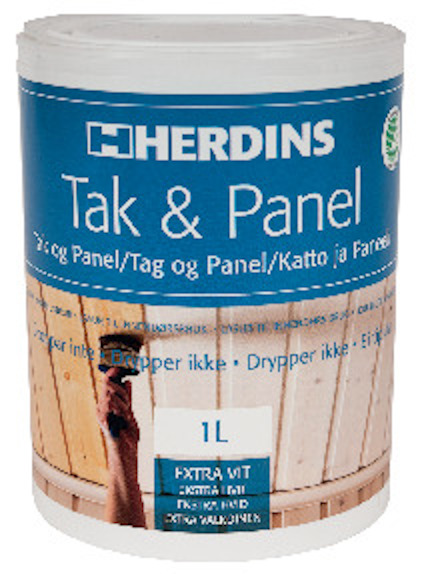 Förpackning av Herdins Tak & Panel vitt målarfärg, 1 liter, med blå etikett och bild av en applicerad yta.