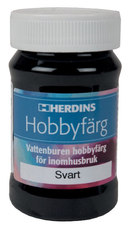Flaska med etikett "HERDINS Hobbyfärg", "Vattenburen hobbyfärg för inomhusbruk", "Svart".
