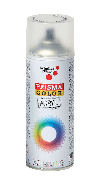 Sprayburk med vit etikett, tryck "Prisma Color Acryl" och en färgcirkel. Märkt Schuller Eh'klar.