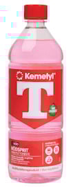 Kemetyl T-Röd flaska med röd etikett och genomskinlig rosa vätska, röd skruvkork.