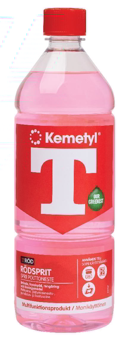 Kemetyl T-Röd flaska med röd etikett och genomskinlig rosa vätska, röd skruvkork.