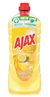 Allrengöringsmedel Ajax Lemon i genomskinlig gul flaska med rött lock och etikett med citron.