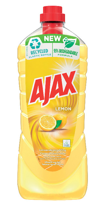 Allrengöringsmedel Ajax Lemon i genomskinlig gul flaska med rött lock och etikett med citron.