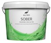 Vit färgburk med gröna färgstänk, märkt "ALCRO SOBER TÄCKFÄRG VÄGG & TAK".