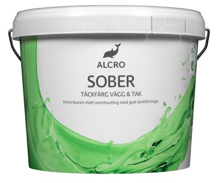 Vit färgburk med gröna färgstänk, märkt "ALCRO SOBER TÄCKFÄRG VÄGG & TAK".