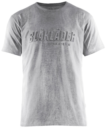Kortärmad gråmelerad t-shirt med texten "BLÅKLÄDER WORKWEAR" tryckt framtill.