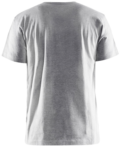 Grå T-shirt sedd bakifrån, med korta ärmar och rund hals.