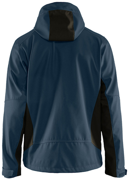 Mörk marinblå jacka sedd bakifrån, detaljer i svart på sidor och ärmar, med huva och blixtlås.