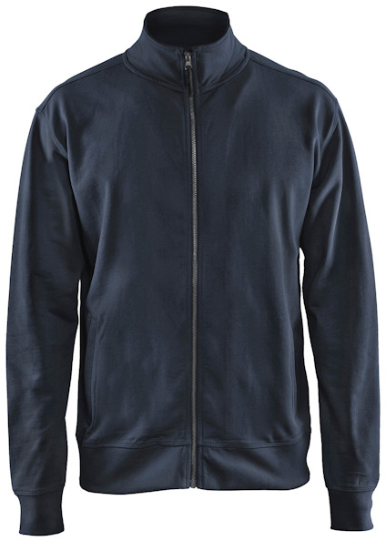 Mörk marinblå sweatshirt med dragkedja framtill och ståkrage.