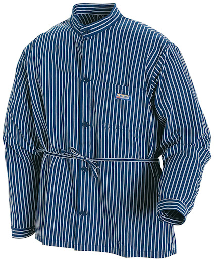 Randig blå och vit skjorta med ståkrage, knäppning fram och knytskärp.