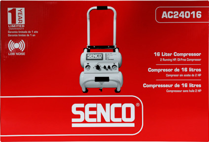 Röd Senco AC24016 kompressor låda med vit och svart text, 16 liter och 2 HP specifikationer, låg ljudnivå.