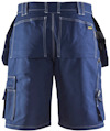 Blå arbetsshorts med vita detaljer, fickor och verktygshållare.