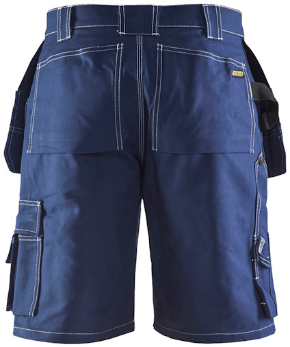 Blå arbetsshorts med vita detaljer, fickor och verktygshållare.