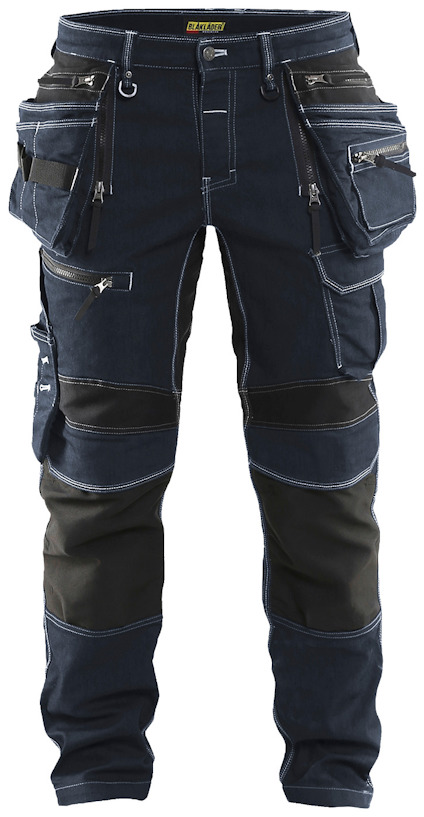 Mörkblå och svarta arbetsbyxor med flera fickor och förstärkta knäpartier.