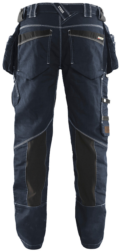 Svarta arbetsbyxor med fickor och förstärkta sektioner på knän och benens insida.