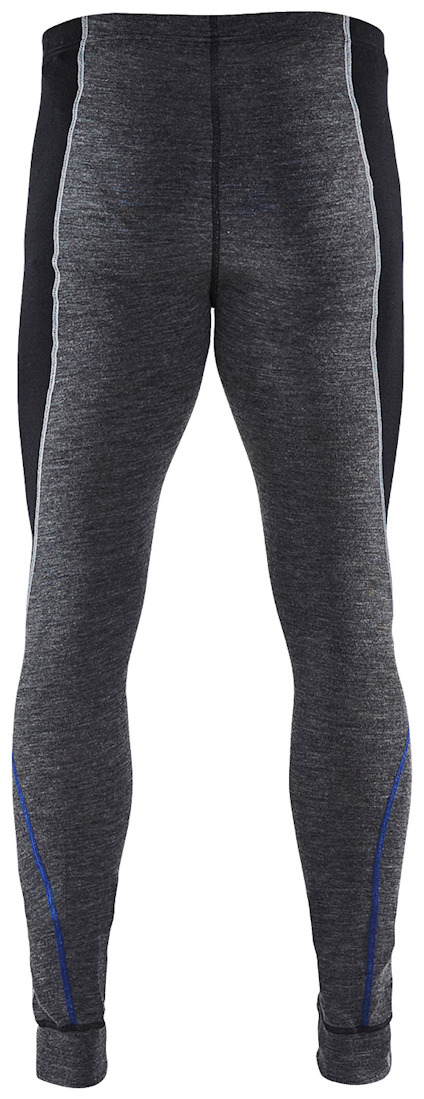 Grå och svarta träningsbyxor med blå detaljer i sömmen, visade bakifrån.