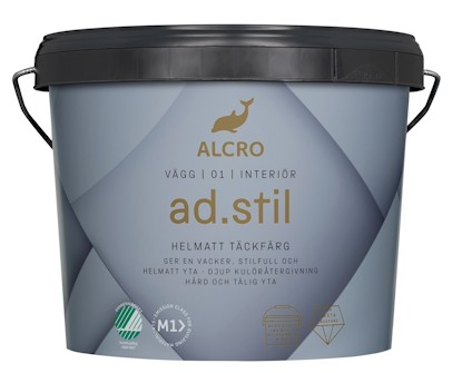 Burk med Alcro ad.stil helmatta täckfärg för vägg, svart lock, vita detaljer, text och logotyper synliga.