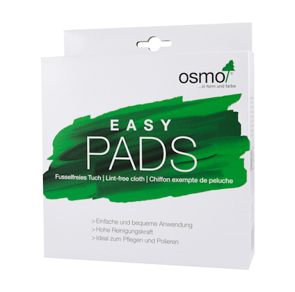 Förpackning med texten "Osmo Easy Pads" och information på flera språk, inklusive "luddfri".