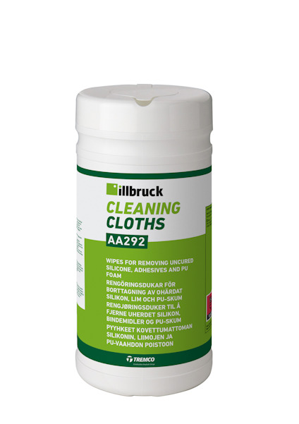 Behållare med etikett: "illbruck CLEANING CLOTHS AA292." Rengöringsdukar för olika material.