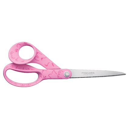 Rosa sax med mönster och silverfärgade blad. Märkt "FISKARS" på bladet.