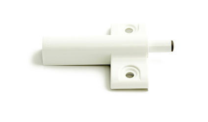 Vit cylindrisk luckdämpare med två monteringshål och en rund gummikudde i ena änden.