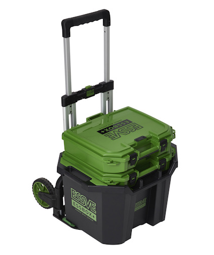 Grön och svart verktygsvagn med teleskophandtag och hjul, text "ESSBOX System" och "ESSVE".