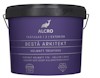 Mörklila färgburk med texten: "Alcro Bestå Arkitekt, helmatt täckfärg" och en valillustration. Guider om yta och hållbarhet.