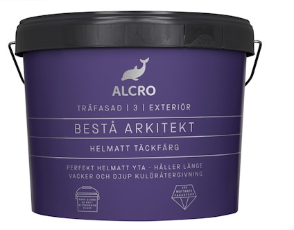 Mörklila färgburk med texten: "Alcro Bestå Arkitekt, helmatt täckfärg" och en valillustration. Guider om yta och hållbarhet.