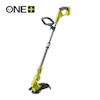 Grön och grå batteridriven grästrimmer från RYOBI med handtag och snöre. ONE+ 18V-logotypen i övre vänstra hörnet.
