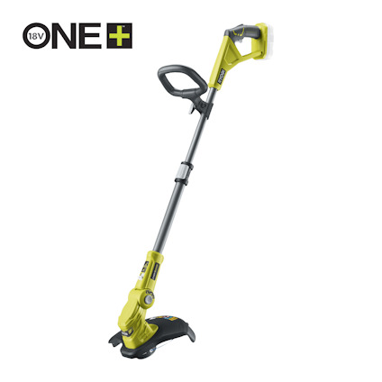 Grön och grå batteridriven grästrimmer från RYOBI med handtag och snöre. ONE+ 18V-logotypen i övre vänstra hörnet.