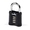 Svart kombinationshänglås med fyra hjul för sifferinställning och kromad bygel. Märke "habo" syns på framsidan.