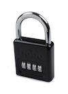 Svart hänglås med metallfärgad låsbygel. Kod 0000.